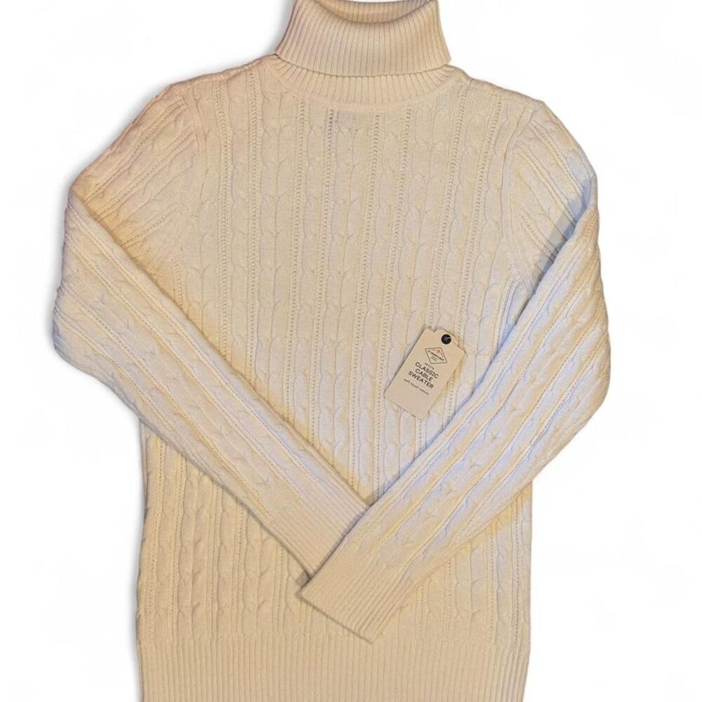 St. John’s Bay Ivory Cable Knit Turtleneck Sweater Petite M NWT